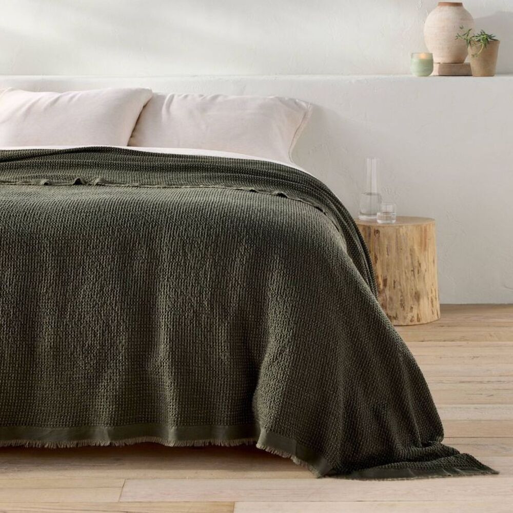 King Textured Waffle Coverlet Olive Green - Casaluna